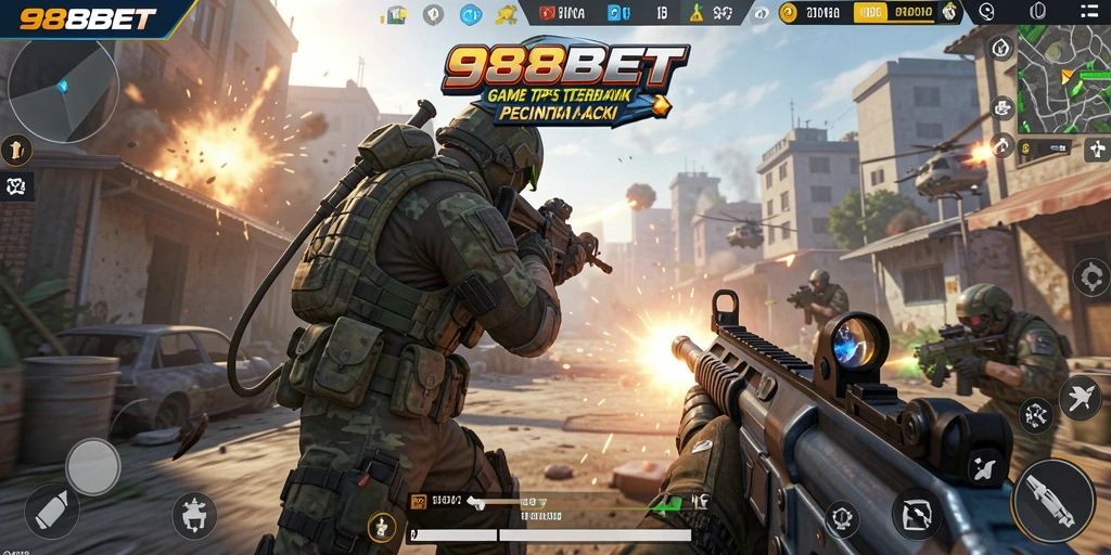 Tangkapan layar utama 988BET menampilkan aksi seru dalam gameplay TPS.