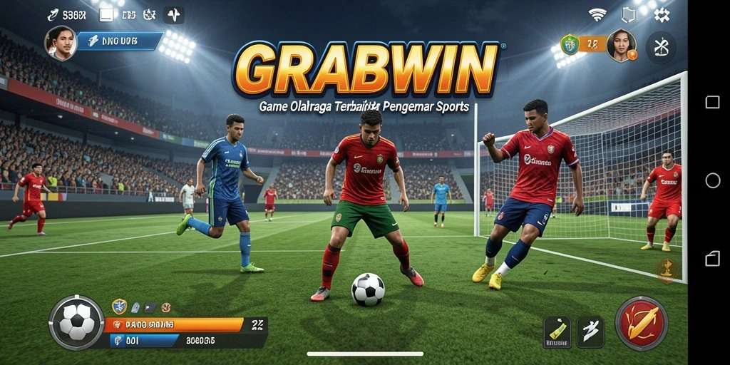 Screenshot utama GRABWIN menampilkan aksi mendebarkan dalam pertandingan olahraga.