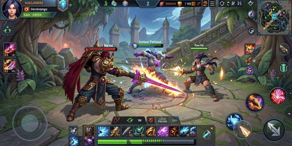 Screenshot NAGAWIN menampilkan pertarungan seru dalam arena MOBA.