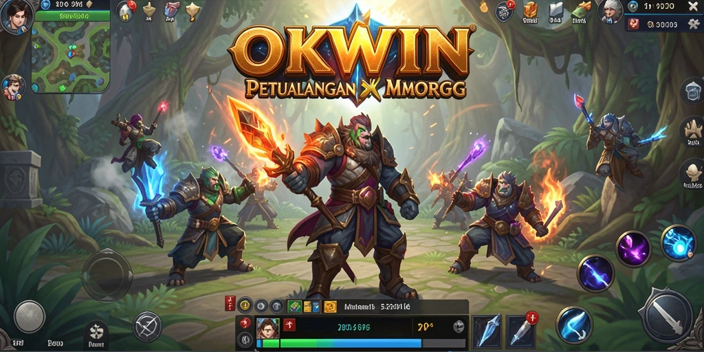 Screenshot utama OKWIN menampilkan pertempuran seru di dunia MMORPG.